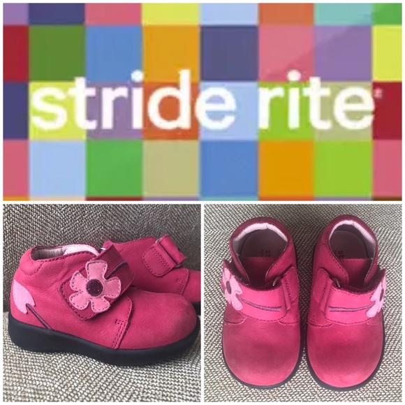 Stride Rite Baby Elyse Nubuck Leather Bootie. Fuschia Pink W/Flower Detail, 4.5W - Picture 1 of 10